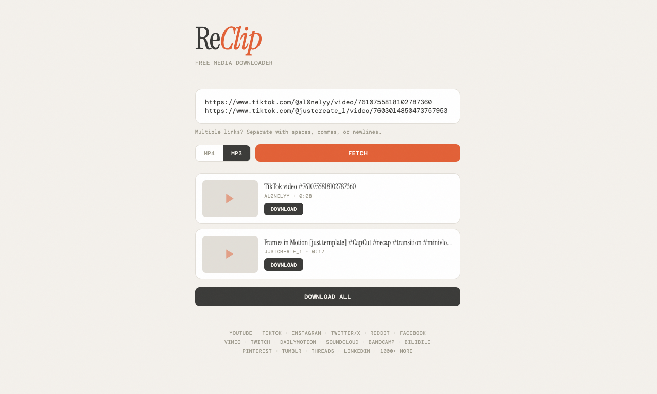 ReClip MP3 mode — audio extraction interface